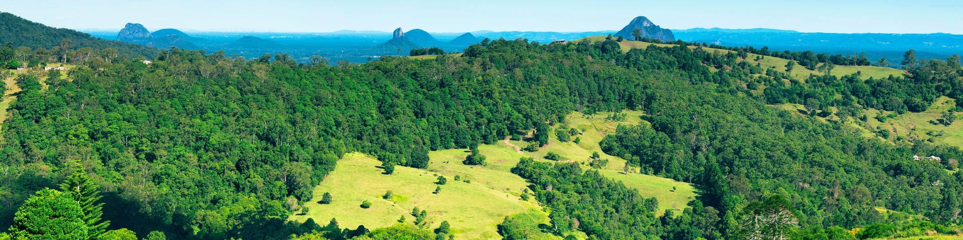 Hills and pasture of the Sunshine Coast hinterland.