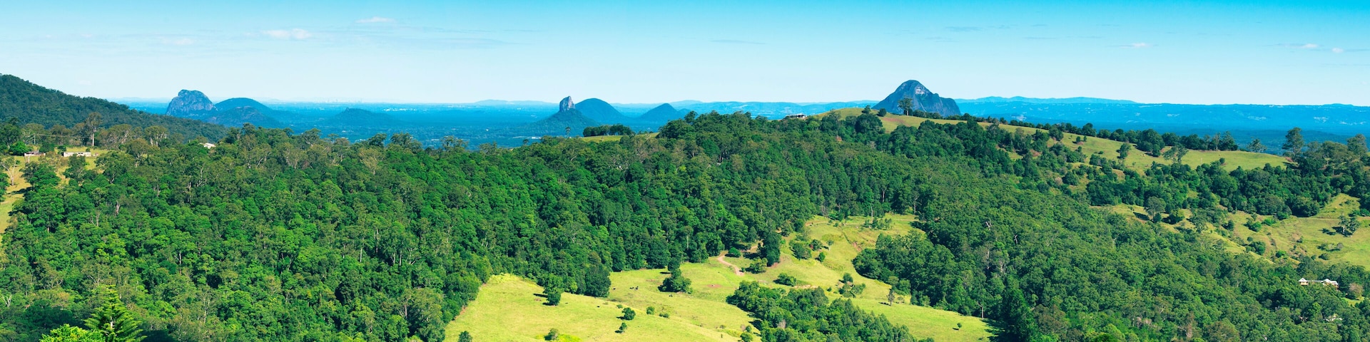 Hills and pasture of the Sunshine Coast hinterland.