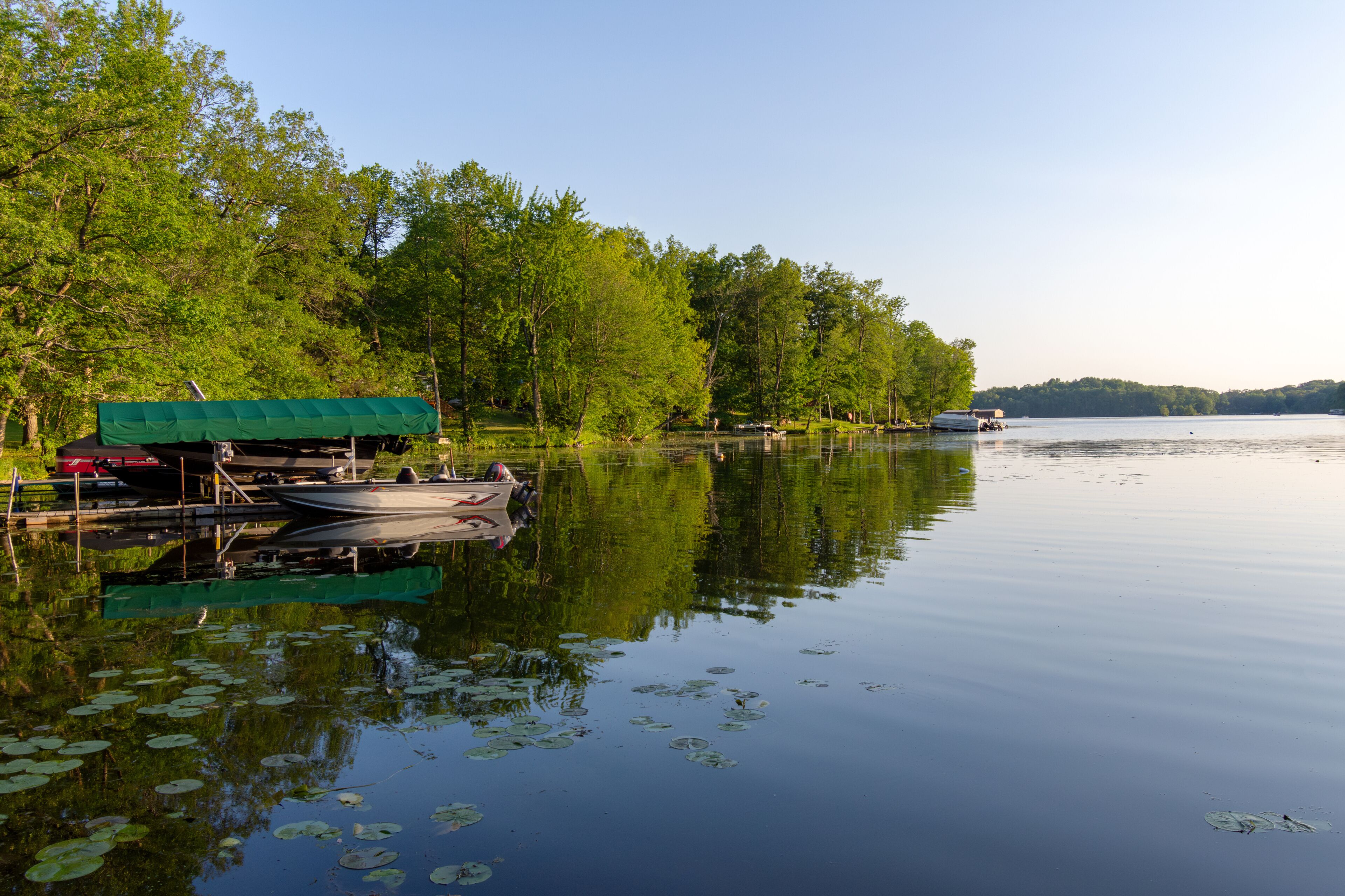 View  from shoreline of a northern lake in Washburn County, Wisconsin, in the evening.