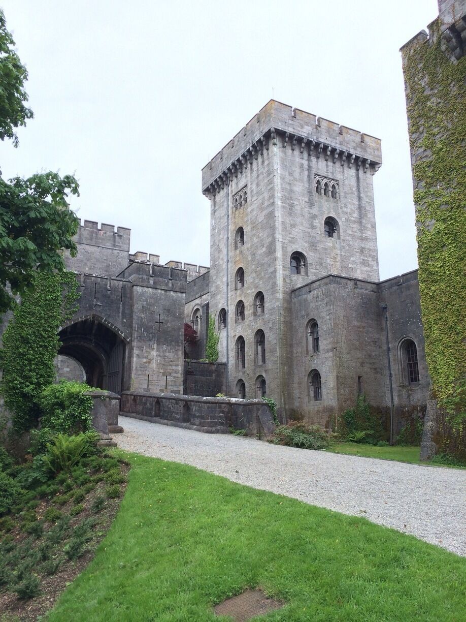 A medieval castle with a tall central tower, arched entrance, and surrounding walls.