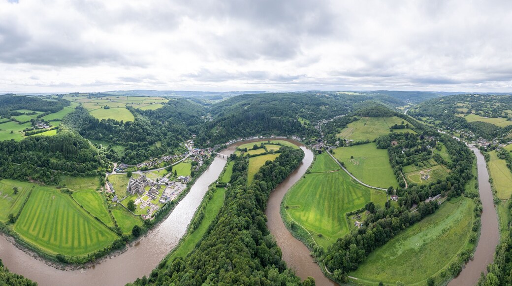 Tintern Abbey and River Wye, Chepstow South Wales. Beautiful aerial view, summer daytime