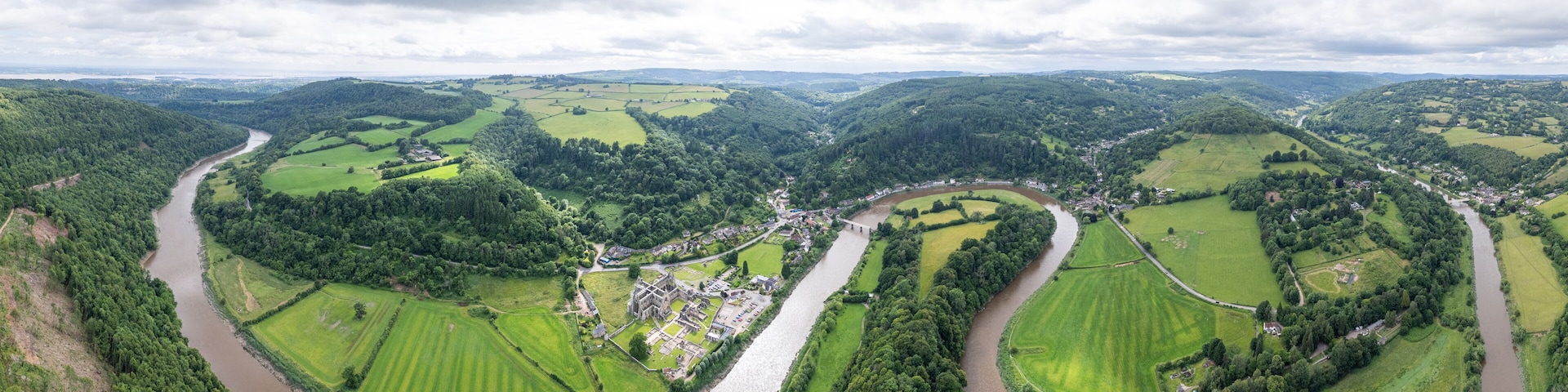Tintern Abbey and River Wye, Chepstow South Wales. Beautiful aerial view, summer daytime