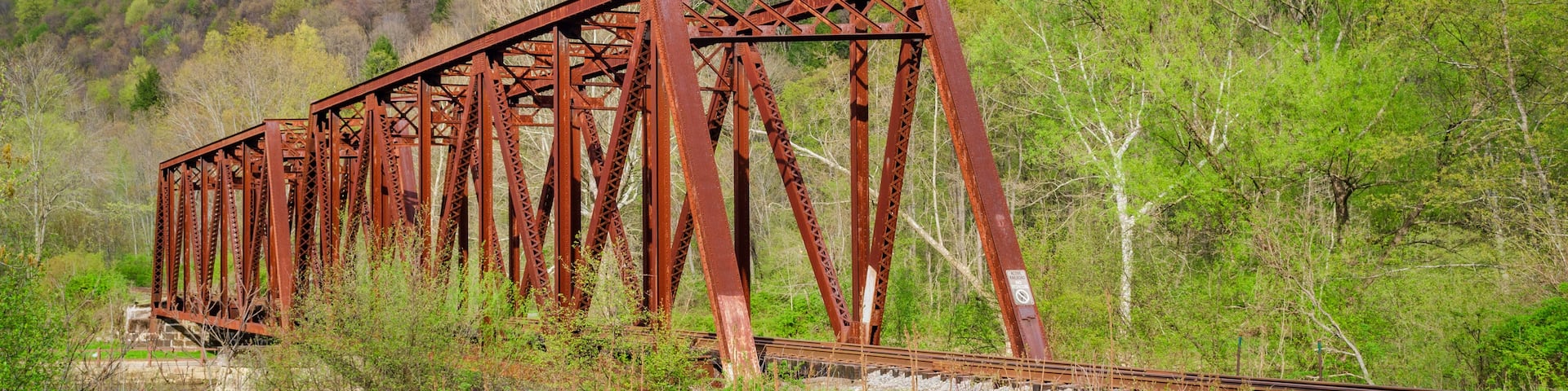 A rusted railway bridge in a forested area with a river below.