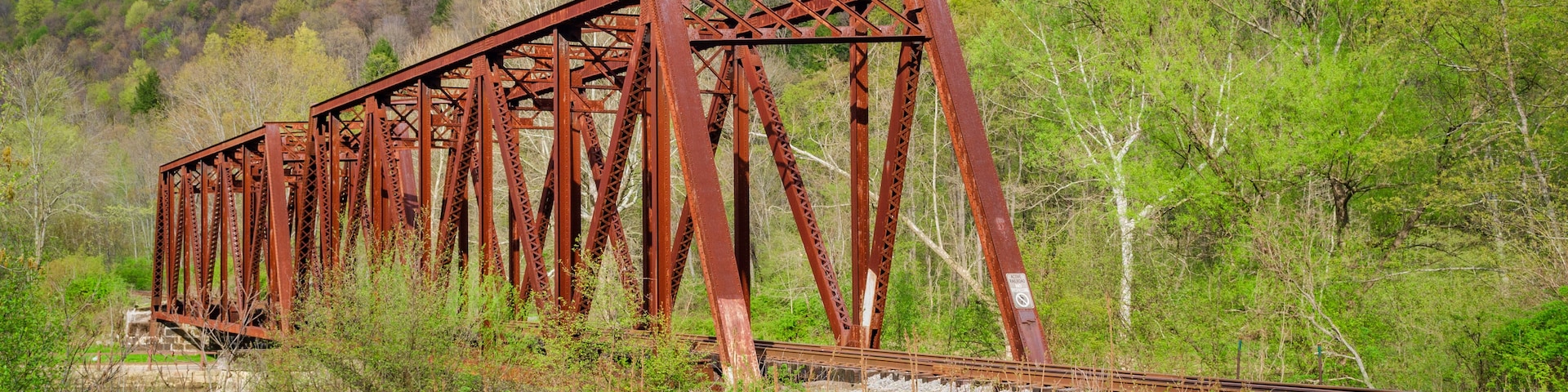 Un pont de chemin de fer rouillé, situé dans une zone boisée, au-dessus d’une rivière.