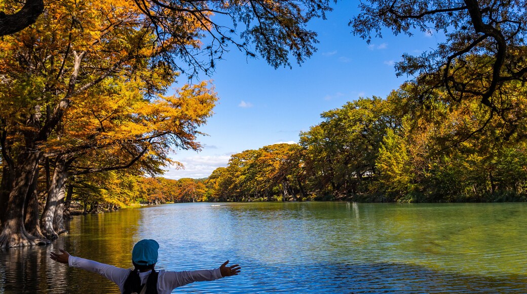 Una persona de pie junto a un río tranquilo rodeado de árboles con follaje otoñal.