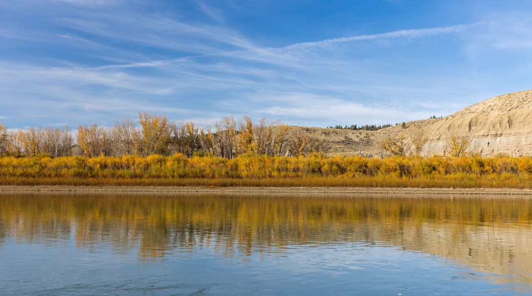 In Phillips County, Montana, autumn paints the riverbanks with vivid fall foliage, where colorful leaves reflect in calm waters under crisp skies.