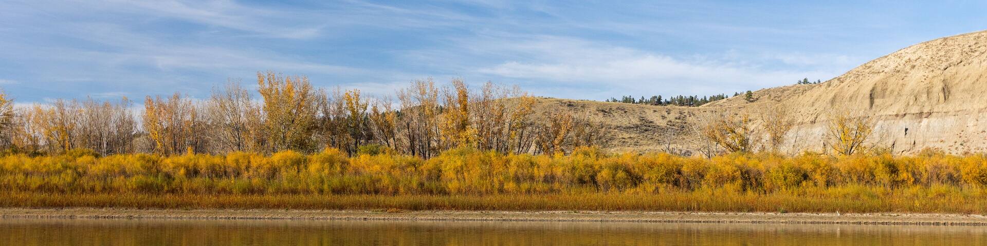 In Phillips County, Montana, autumn paints the riverbanks with vivid fall foliage, where colorful leaves reflect in calm waters under crisp skies.