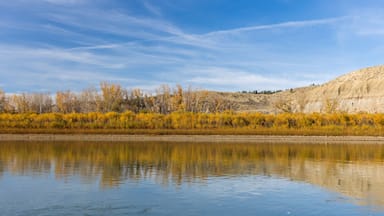 A calm river reflecting autumn trees and a clear sky.