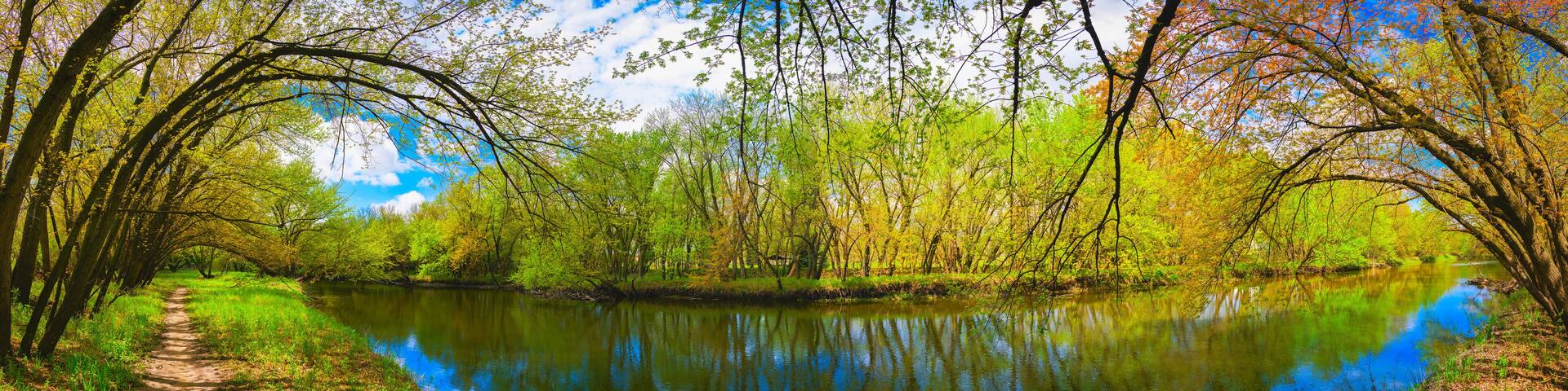 Sioux Falls South Dakota Walking Trail Landscape along the Big Sioux River at Parsly Park, tranquil woodlands with curving maple trees in the upper midwest of America
