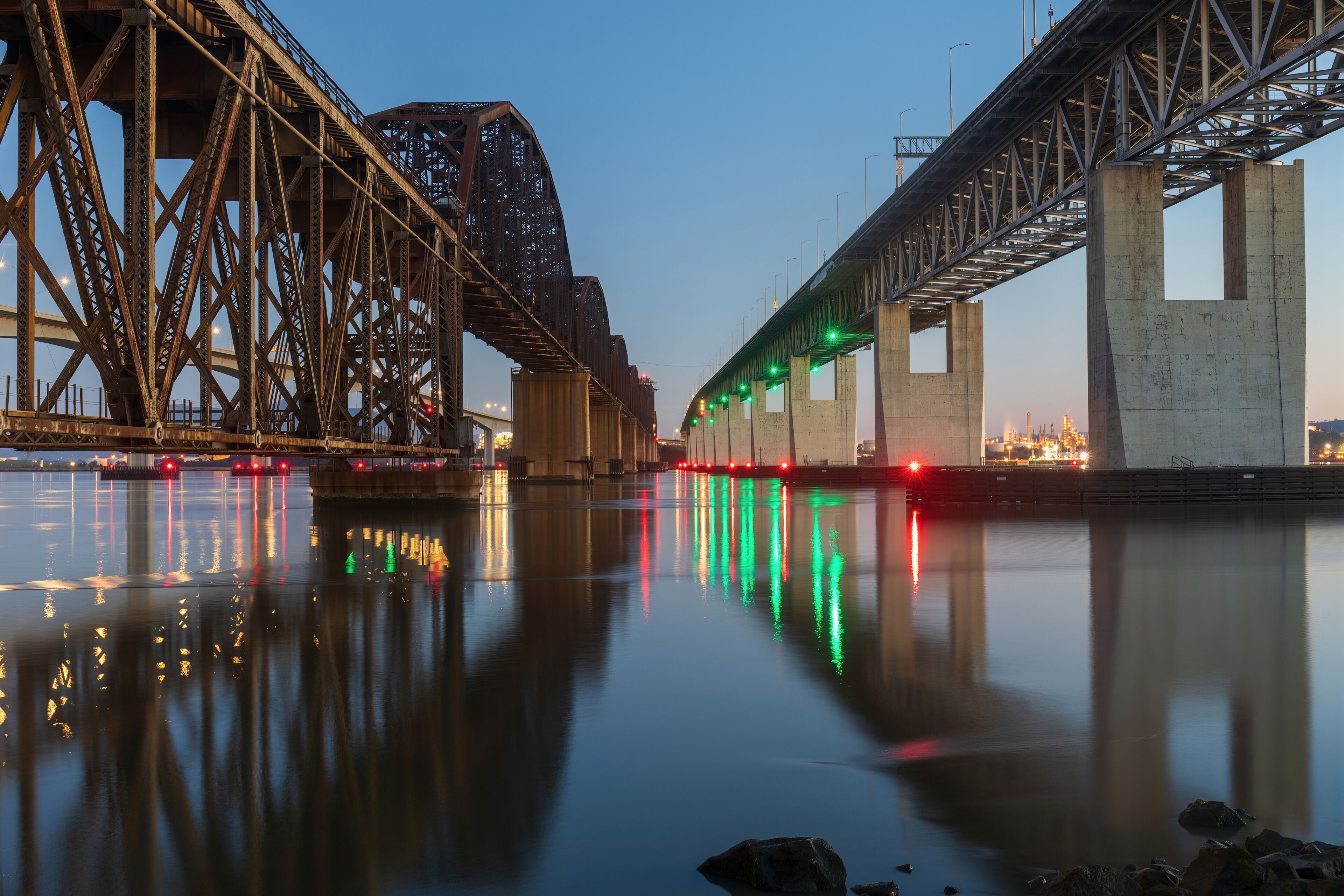 The Benicia–Martinez Bridge crossing the Carquinez Strait just west of Suisun Bay. Solano and Contra Costa Counties, California, USA.