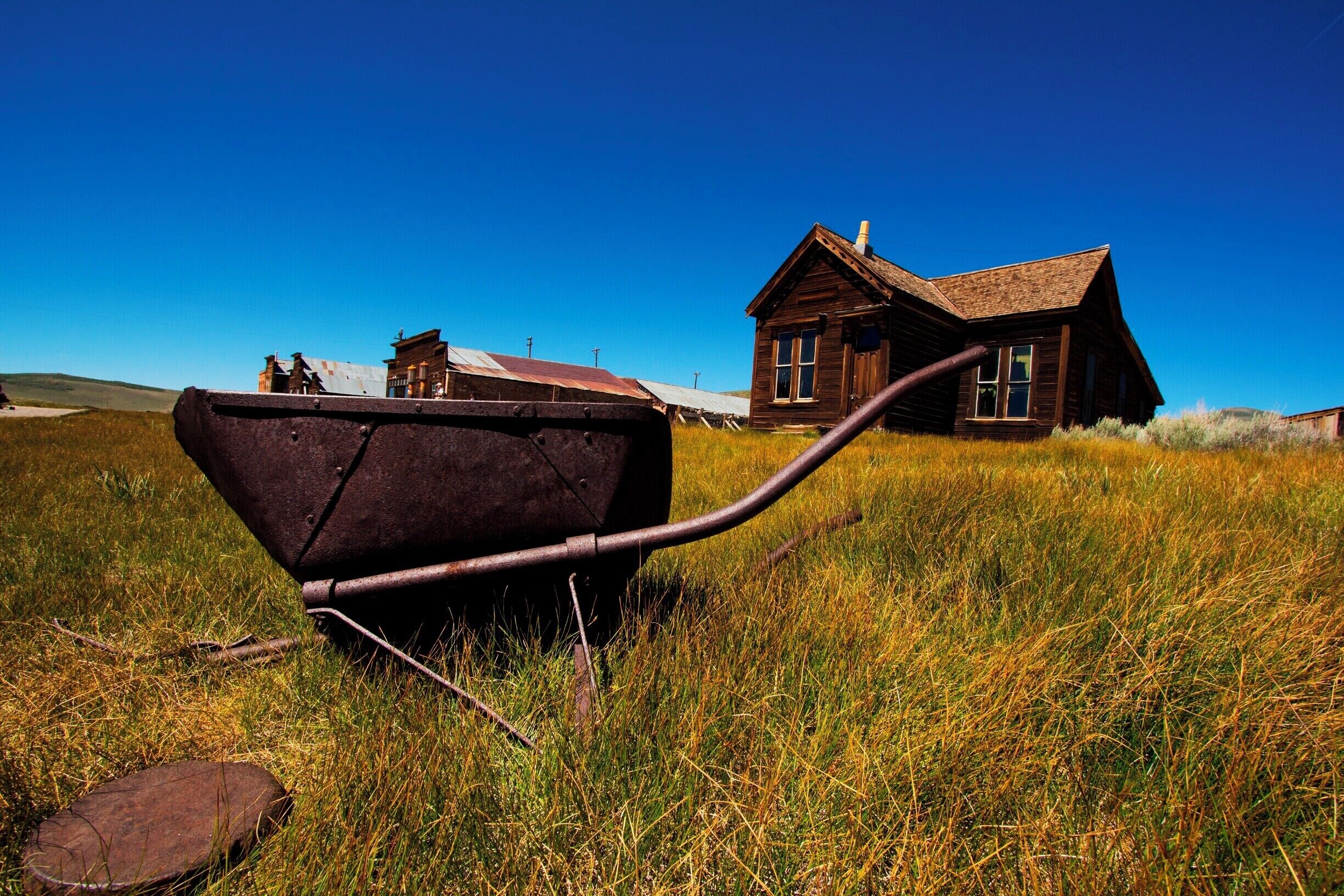 A wooden house with a metal roof in a grassy field.