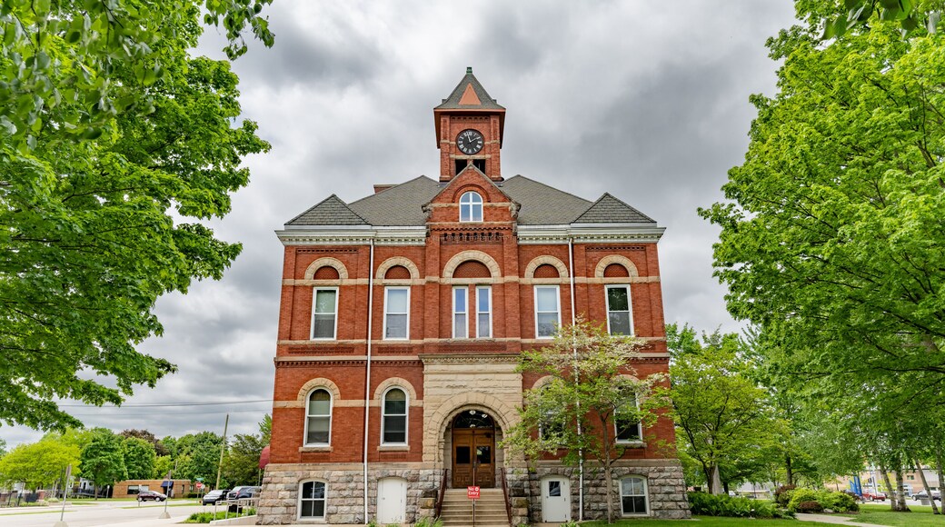 Barry County Courthouse in Hastings, Michigan with green trees and blue sky