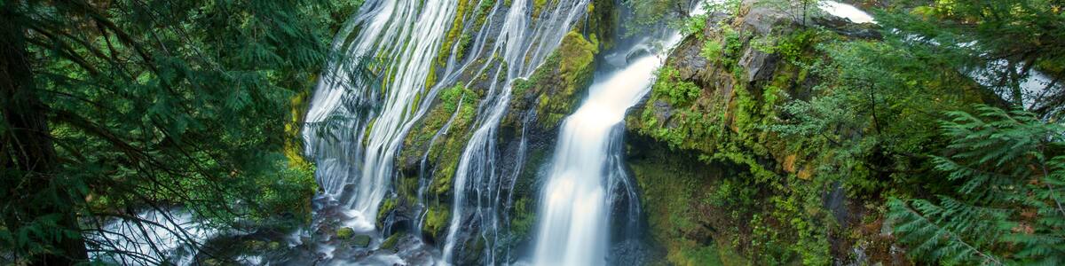 A multi-tiered waterfall surrounded by dense green forest.