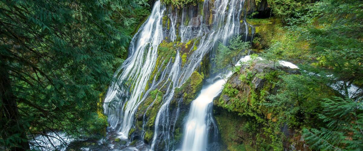 A multi-tiered waterfall surrounded by dense green forest.