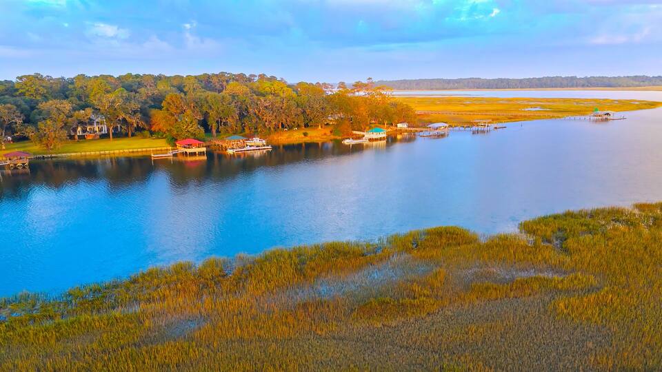 Beautiful sunset view over Isle of Hope at Savannah Georgia - aerial view drone photography
