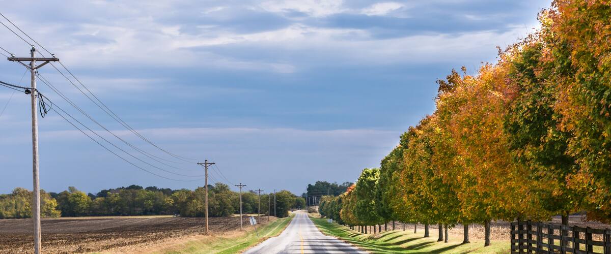 Autumn sunrise on lonely rural road, Logan County, Kentucky