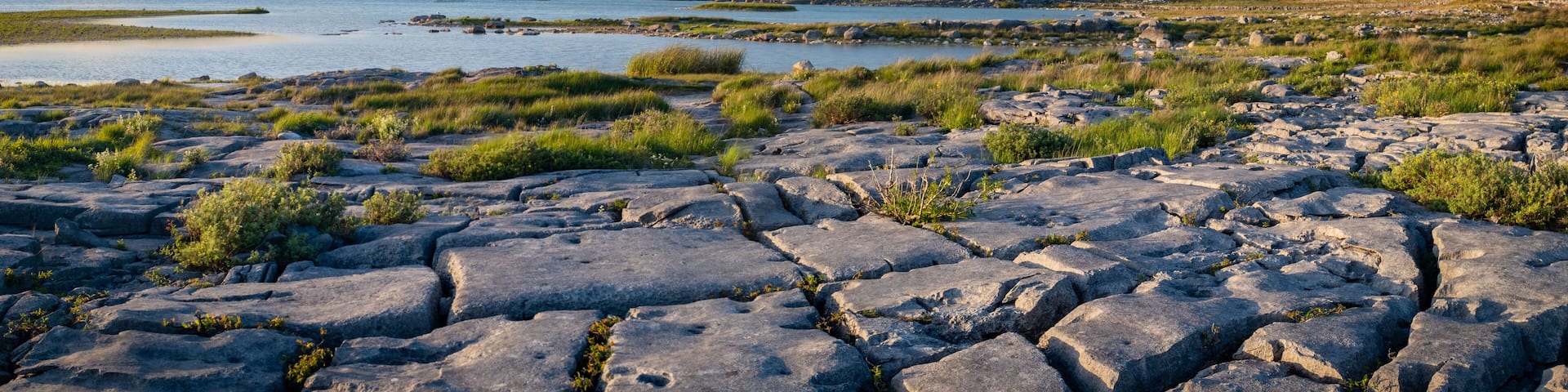 A rocky terrain with a lake and distant hills.