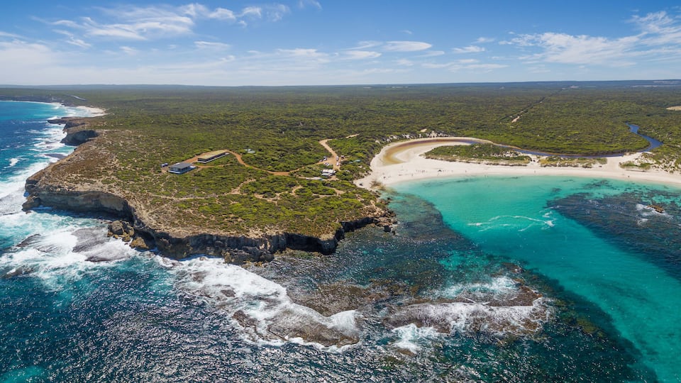 Aerial panorama of Hanson bay ans South West River. Kangaroo Island coastline, South Australia