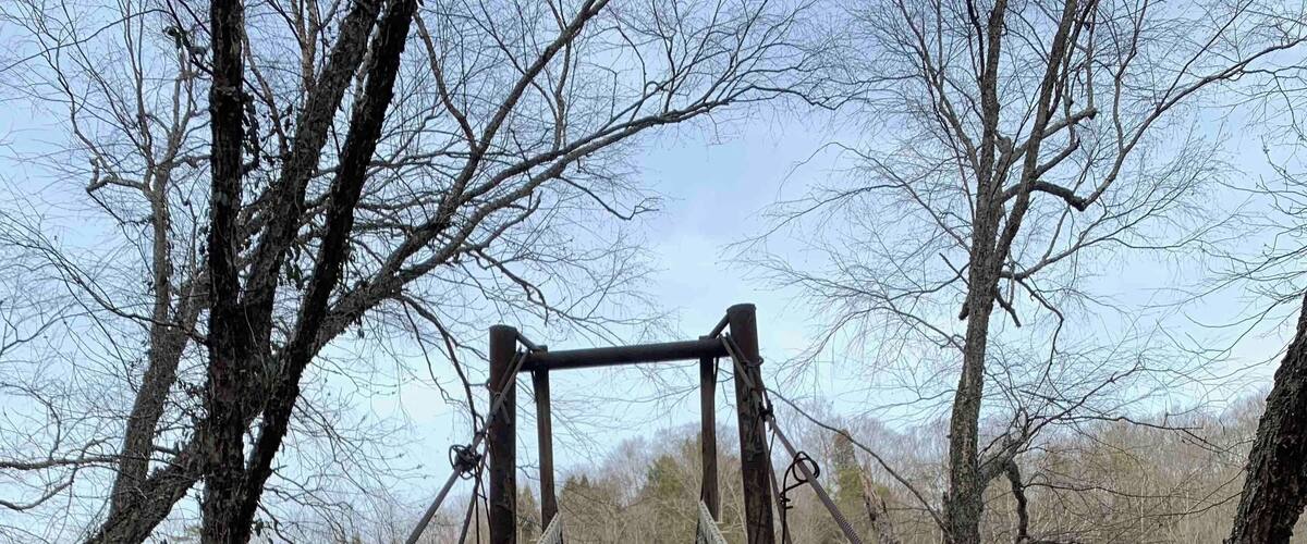 A wooden suspension bridge over a river with bare trees on either side.