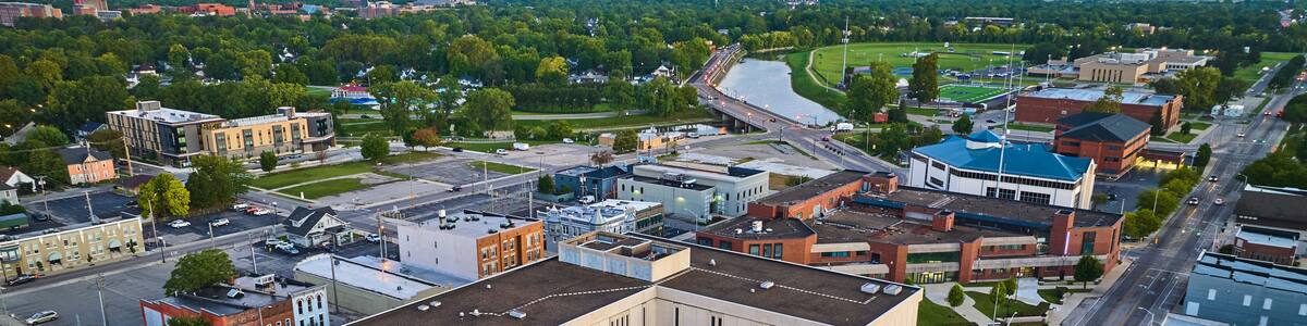 Delaware County Court Administration building in downtown Muncie, Indiana aerial
