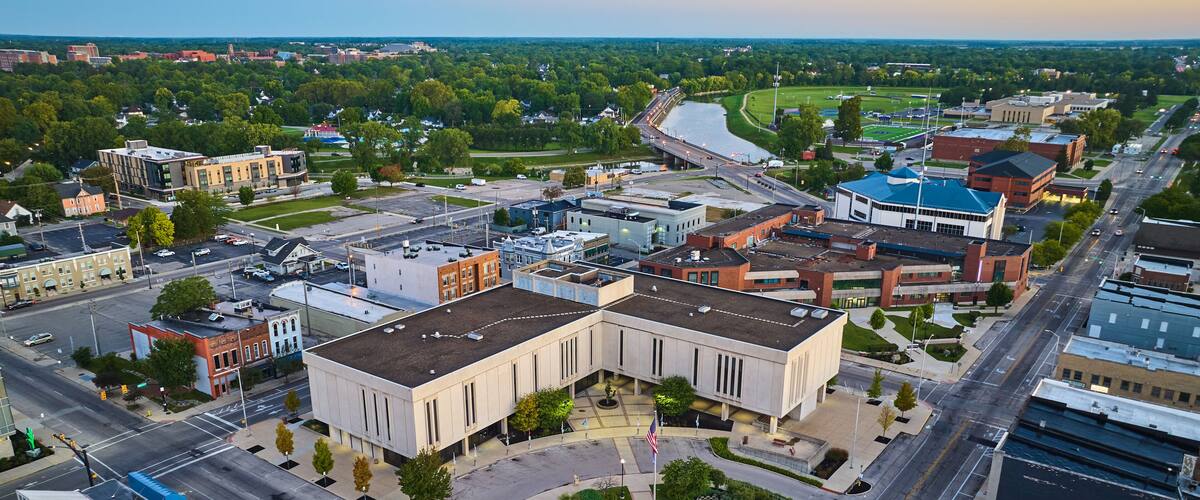 Delaware County Court Administration building in downtown Muncie, Indiana aerial