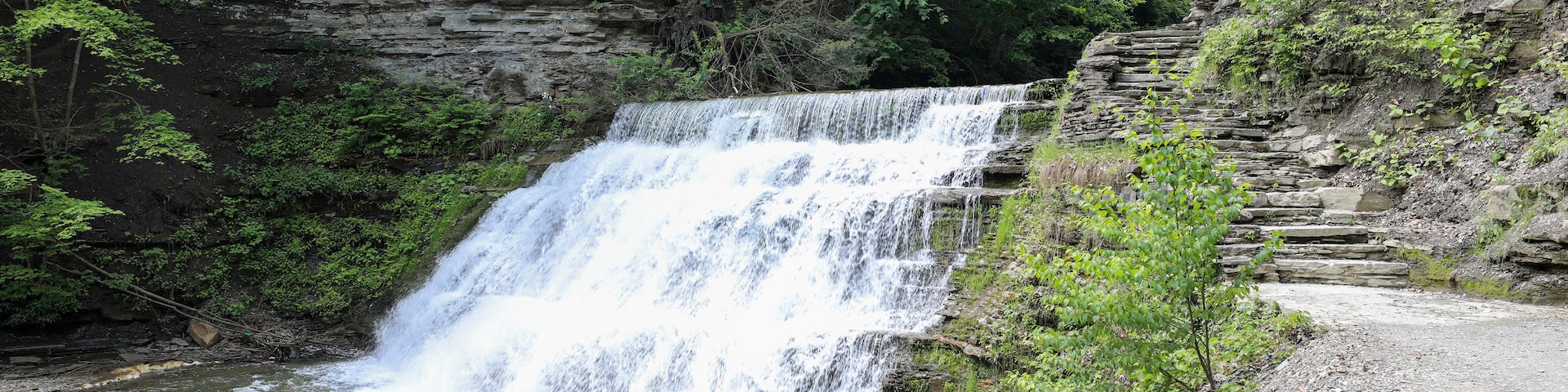 Ein Wasserfall stürzt über eine felsige Klippe in einen Fluss, umgeben von dichtem Grün.