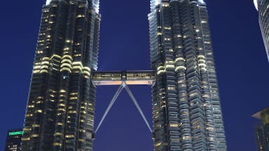 برجا بتروناس التوأم
Petronas Twin Towers
من معالم الجذب السياحي في كوالالمبور
يبلغ ارتفاع كل برج 88 طابقا( 452 مترا فوق سطح البحر). كما تبلغ مساحة البناء المستغلة في هذا المشروع 341.760 الف مترا مربعا. وقد قام بتصميم المشروع المهندس المعماري الكبير سيسار بيلي.
وعلى ارتفاع 170 مترا يربط جسر معلق طوله 58.4 مترا بين البرجين التوأم الطابقين 41 و 42.