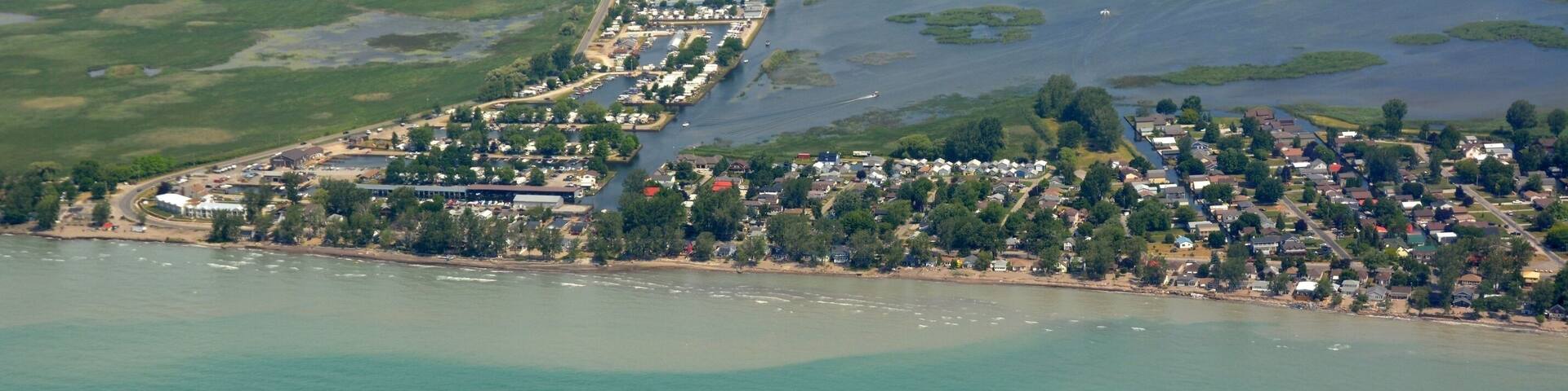 aerial view of Long Point a community on the north shore of Lake Erie; Elgin County, Ontario, Canada
