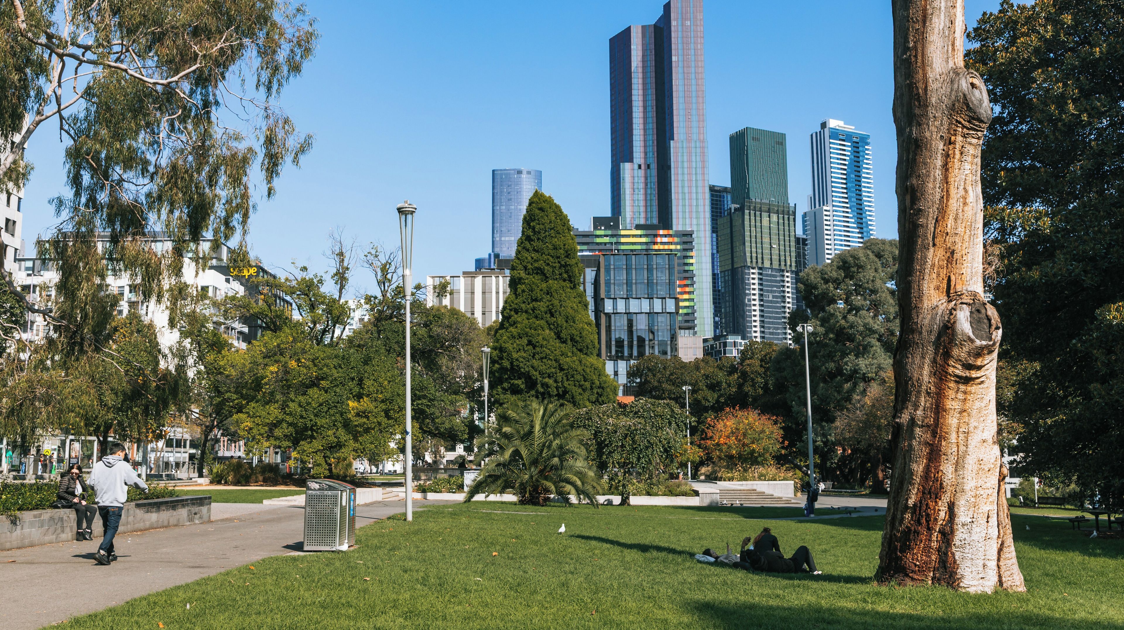 A park with grass, trees, and a cityscape in the background.