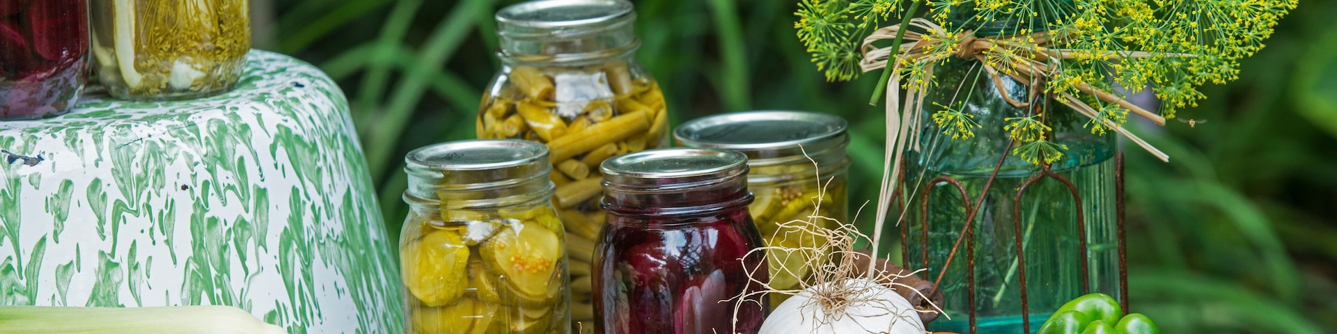 Garden Vegetables from Summer Harvest. Home canned goods in Ball Jars for preservation.