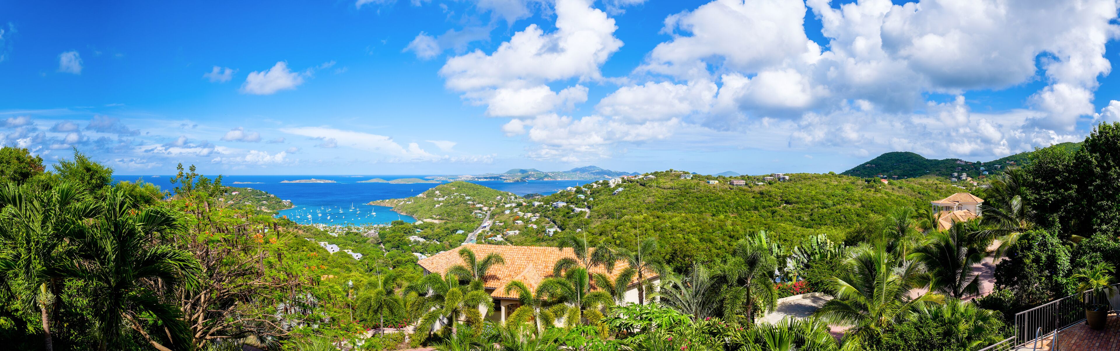 A coastal landscape with lush greenery, a clear blue sky, and a view of the sea with boats.