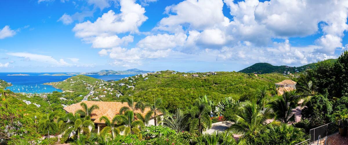 A coastal landscape with lush greenery, a clear blue sky, and a view of the sea with boats.