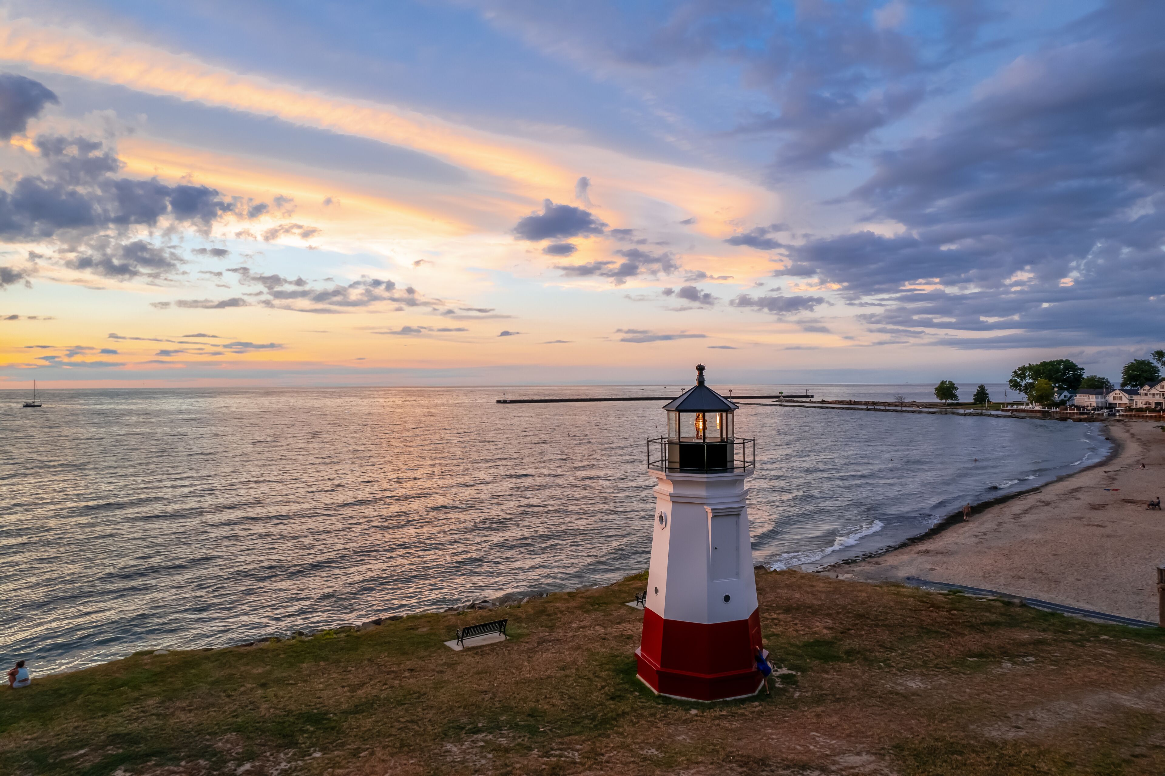 Historic Vermilion Lighthouse at harbor view state park in Vermilion city Ohio.