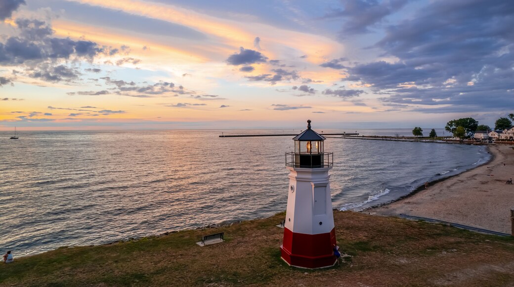 Historic Vermilion Lighthouse at harbor view state park in Vermilion city Ohio.