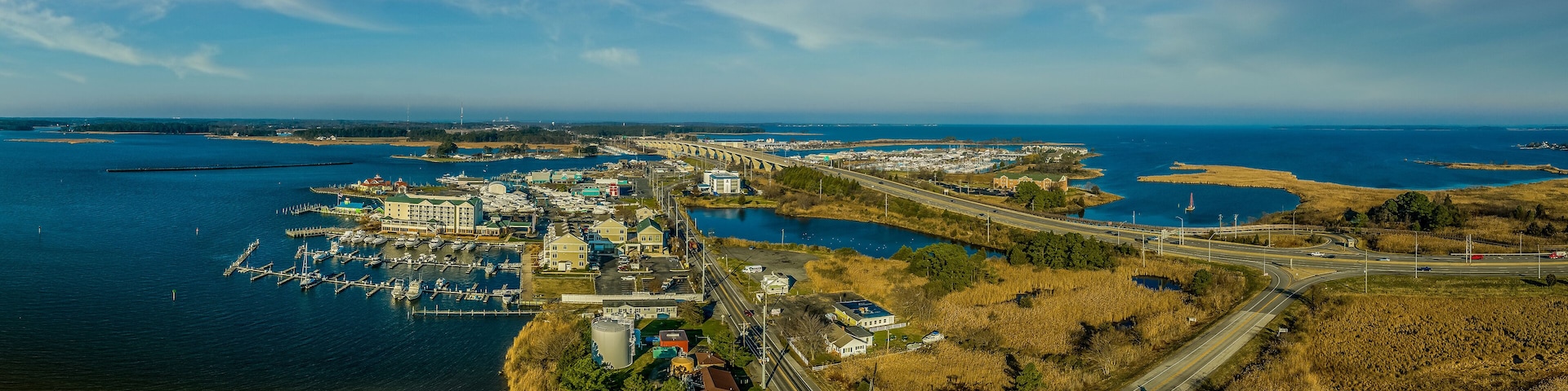 Aerial panorama of Kent Narrows earliest English settlement in Maryland, entrance to popular tourist spot Kent Island, marina, sail boats Queen Anne's County, fishing village on the Chesapeake