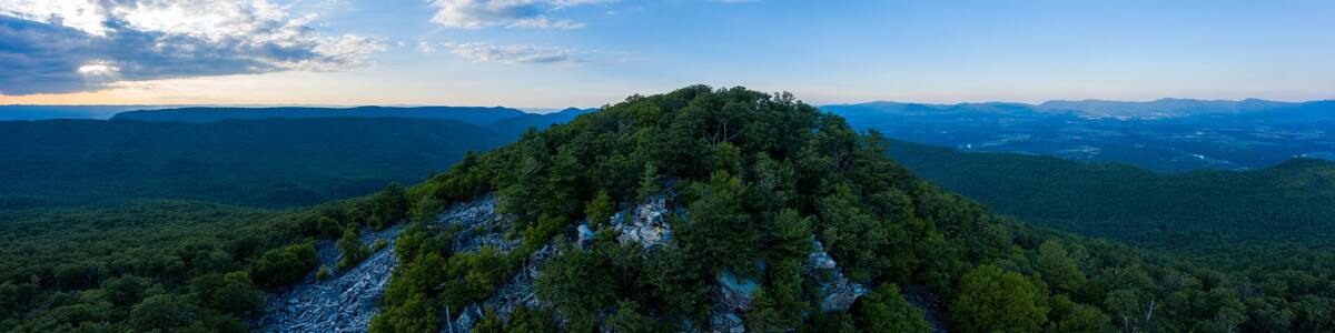 An aerial panorama of Duncan Knob and the Massanutten Range, located in the George Washington National Forest, in Page County Virginia.