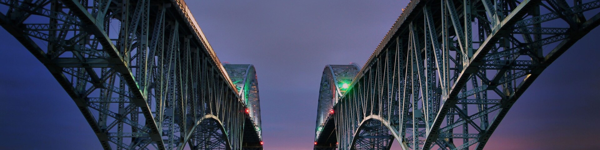 South Grand Island Bridge spanning the Niagara River in the evening in Erie County, New York.