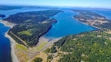 An aerial view of a coastal area with dense forests, a large body of water, and a bridge connecting the land.