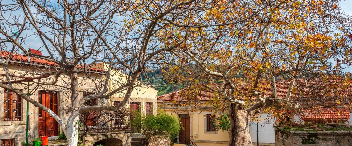 A cobblestone street with a stone bridge, trees with autumn leaves, and traditional buildings with red-tiled roofs.