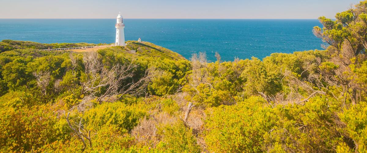 A lighthouse on a hill overlooking the sea.