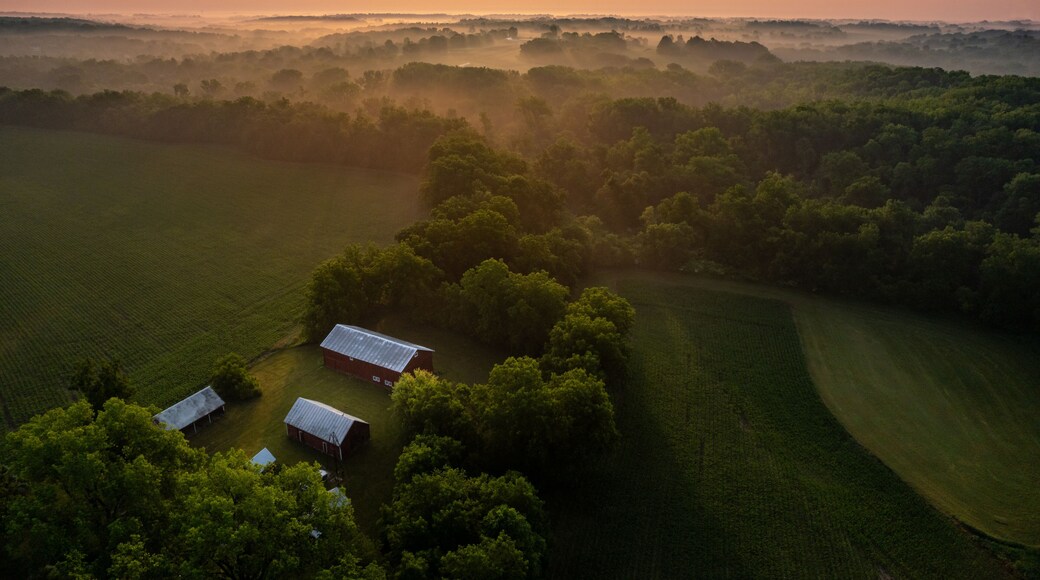 Foggy Iowa Sunrise With A Red Painted Barn and Homestead With Green Fields And Forest Stretching Into The Distance