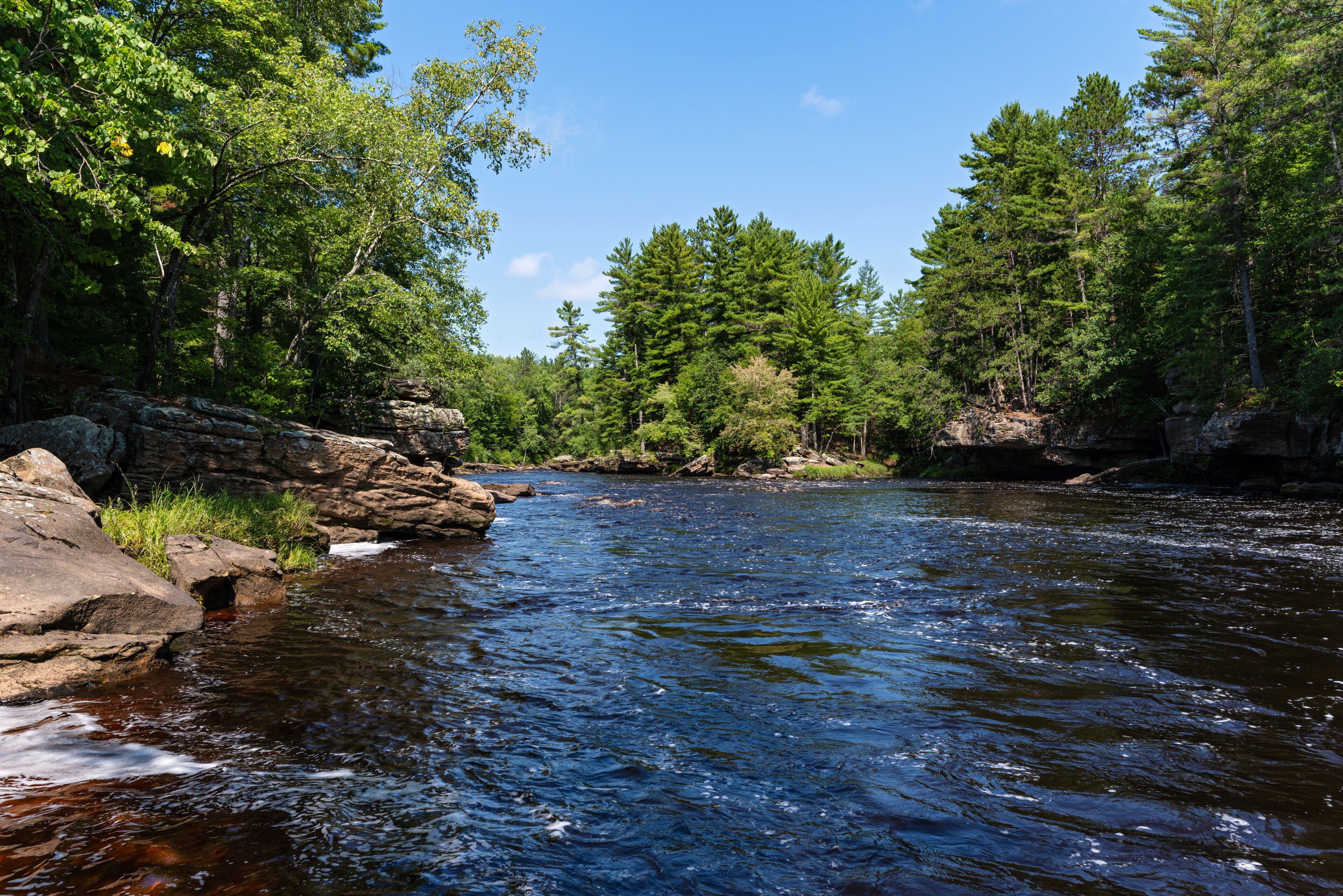 Une rivière qui traverse une forêt, avec des berges rocheuses et une végétation dense.