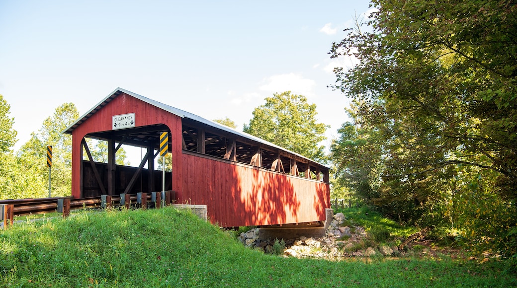 A red covered bridge with a clearance sign, surrounded by lush greenery and trees.