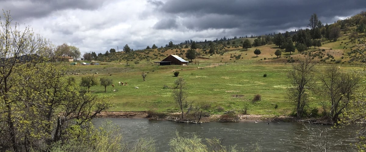 A river flowing through a grassy landscape with a barn and scattered trees.