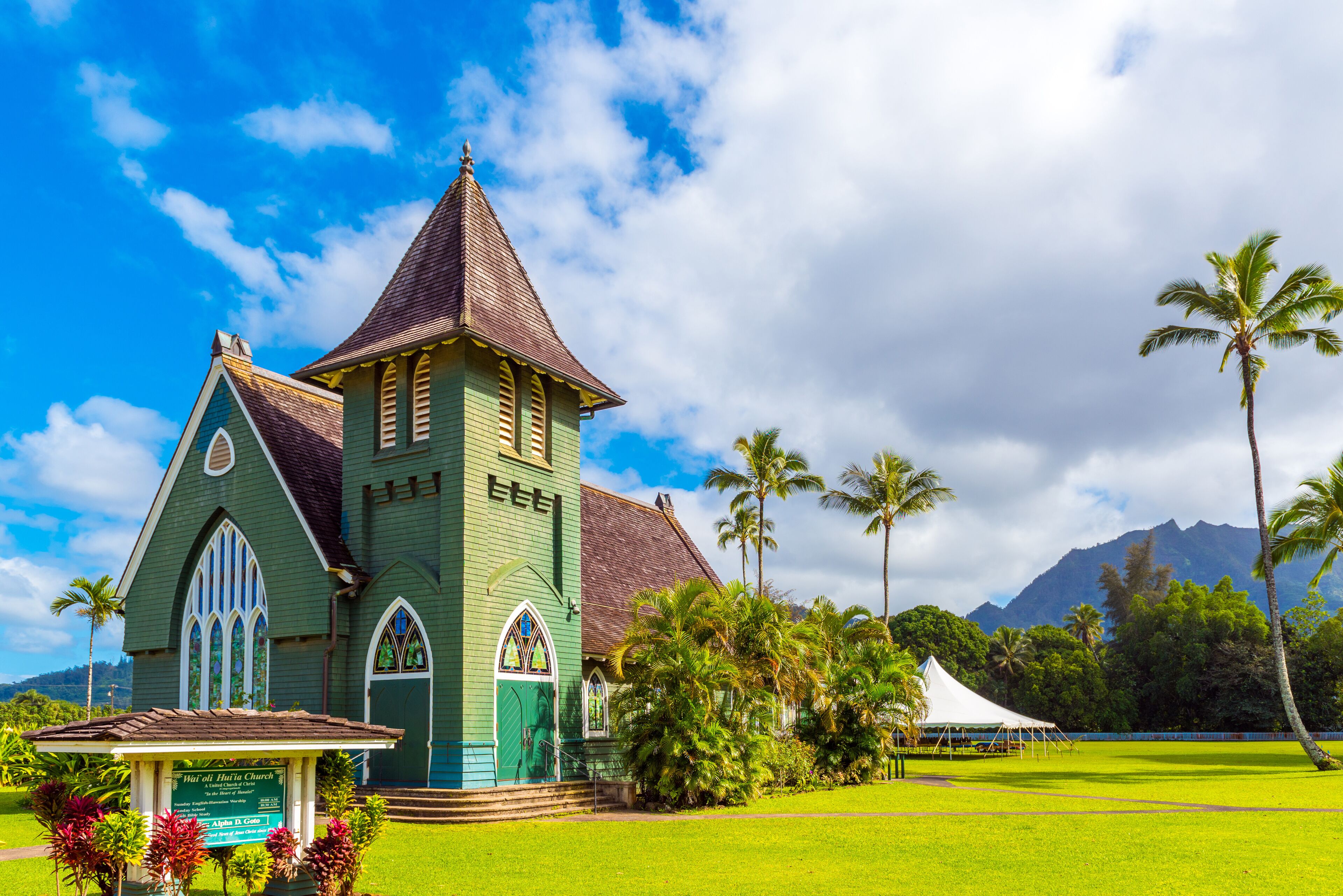 View of Waioli Huiia Church, Kauai, Hawaii. Copy space for text.