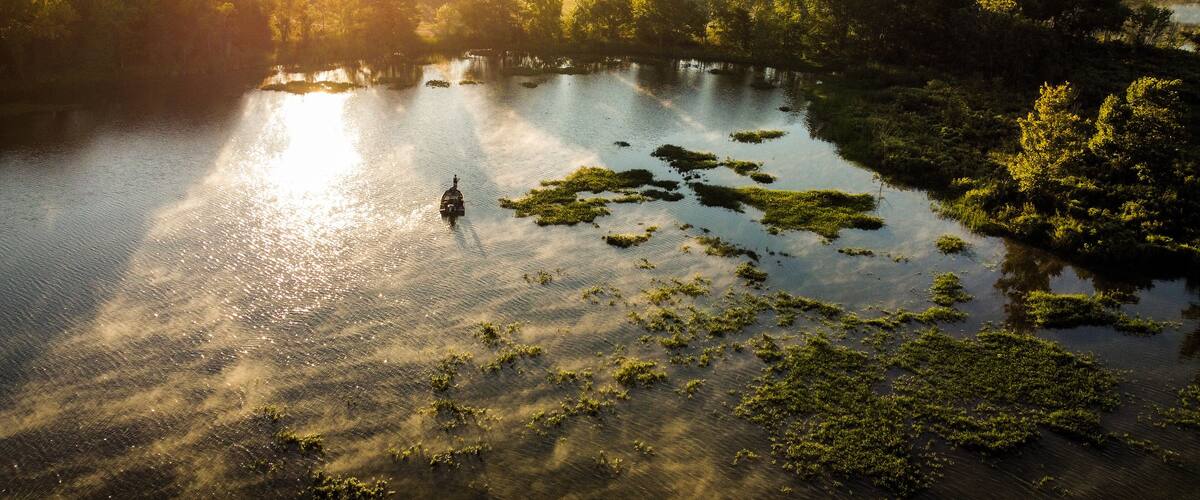 Bass Fisherman fishing on Little Greenleaf Lake in Oklahoma.
