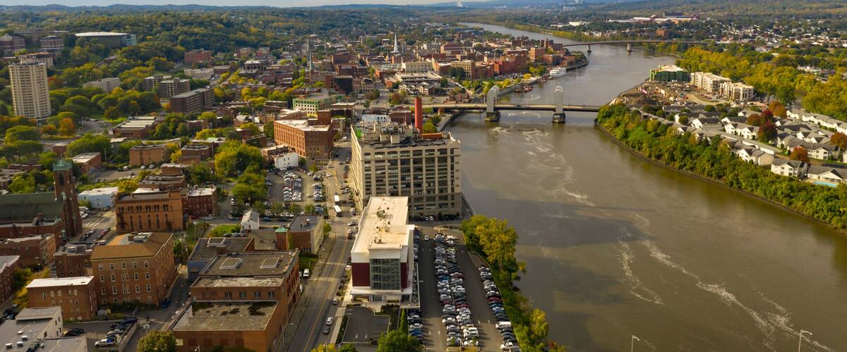 Aerial Perspective over Downtown Troy New York on the Hudson River