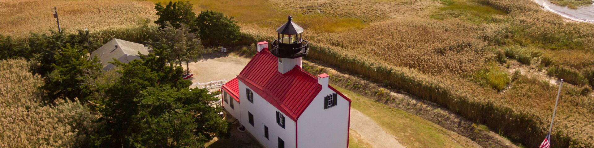 Aerial images of the newly remodeled and restored East Point Lighthouse in Cape May on the Delaware bay