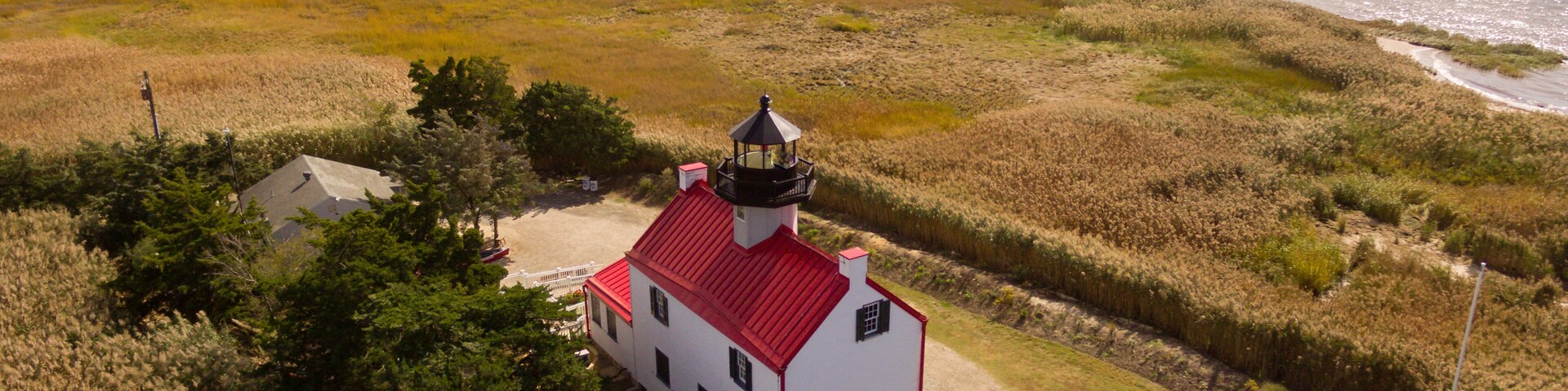 Aerial images of the newly remodeled and restored East Point Lighthouse in Cape May on the Delaware bay