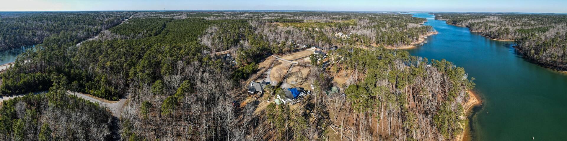 Aerial landscape Clarks Hill Lake in winter after Hurricane Helene in Appling Augusta Georgia